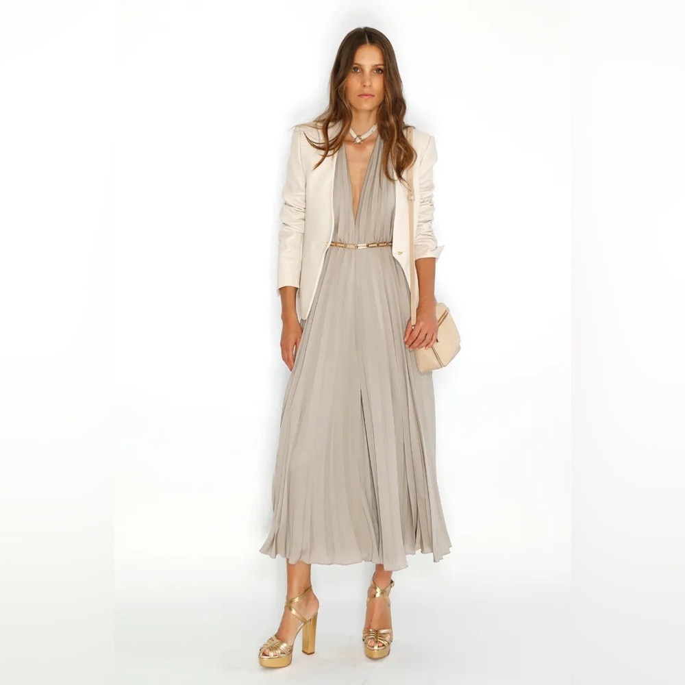 Halston Heritage Halter Pleated Wide Leg Jumpsuit Atmosphere Beige Sz14
